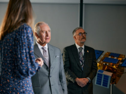 L R Harriet Brettle, Head of Business Analysis, His Royal Highness the Prince of Wales, John Auburn, Managing Director, Astroscale Ltd. Credit David Fisher