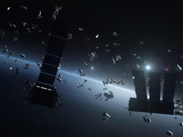 space debris around planet earth waste broken artificial satellites floating orbit 234791057