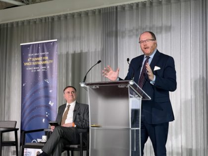 Photo George Freeman delivering Plan for Space Sustainability speech at Summit for Space Sustainability, Science Museum, London, UK on Thursday, June 23 AM.